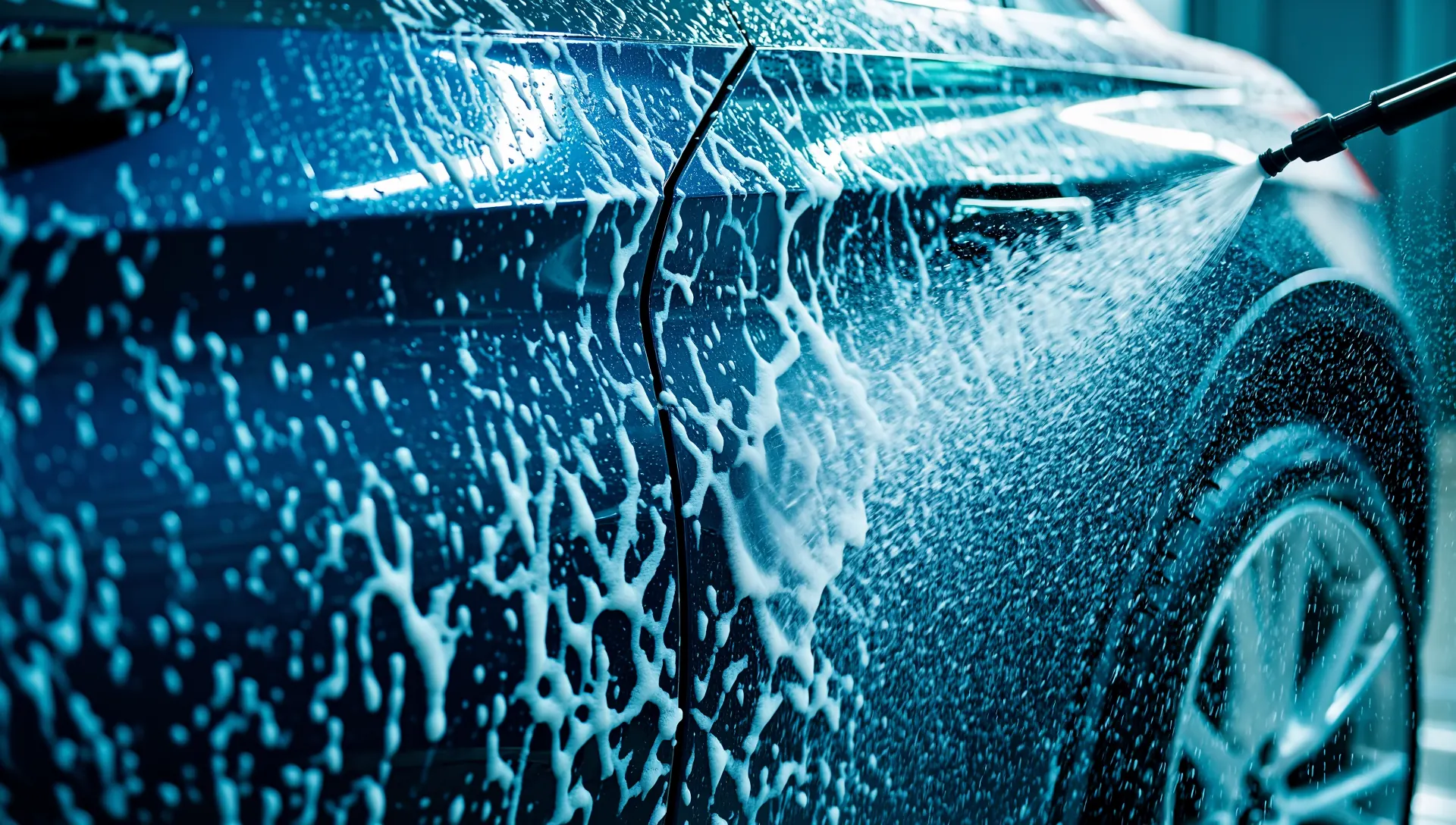 Thick snow foam being applied across a car's bonnet during a mobile valet